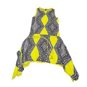 Kay Celine Asymmetrical Hem Dress Small Yellow & Black Geometric Sleeveless